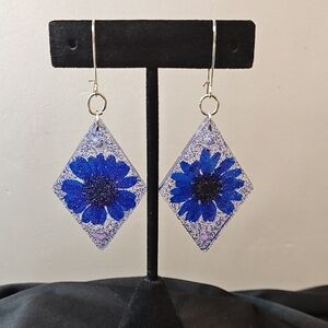 Handmade Resin Blue Flower Sparkle Diamond Shaped Earrings